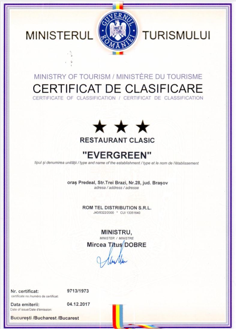 Certificat de clasificare Restaurant Evergreen