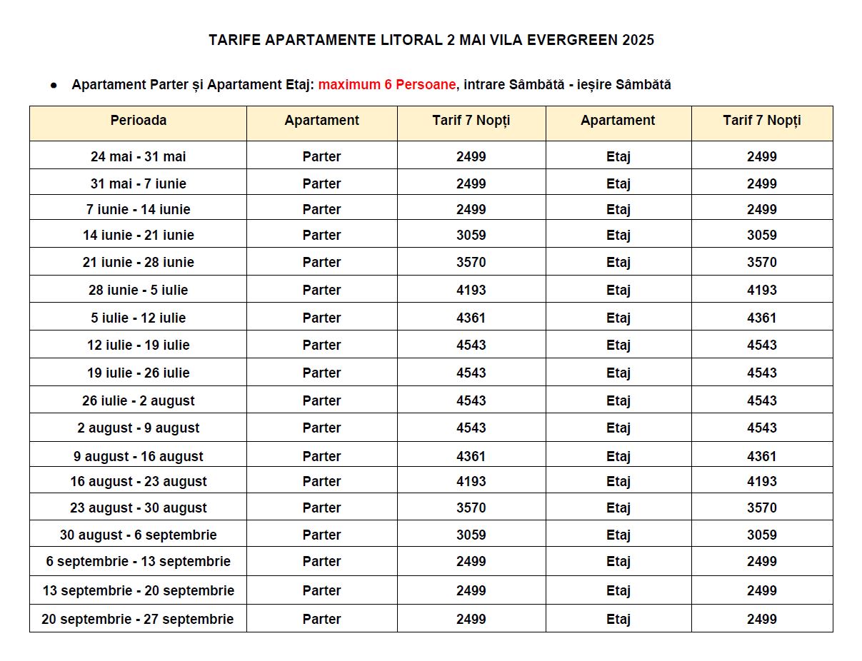 Tarife Evergreen 2 Mai ap 6 pers